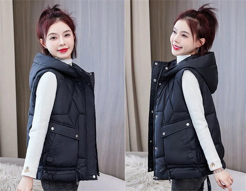 Warm Cozy Women Puffer Vest - Hooded Midlength, Winter - Tophatter Daily Deals