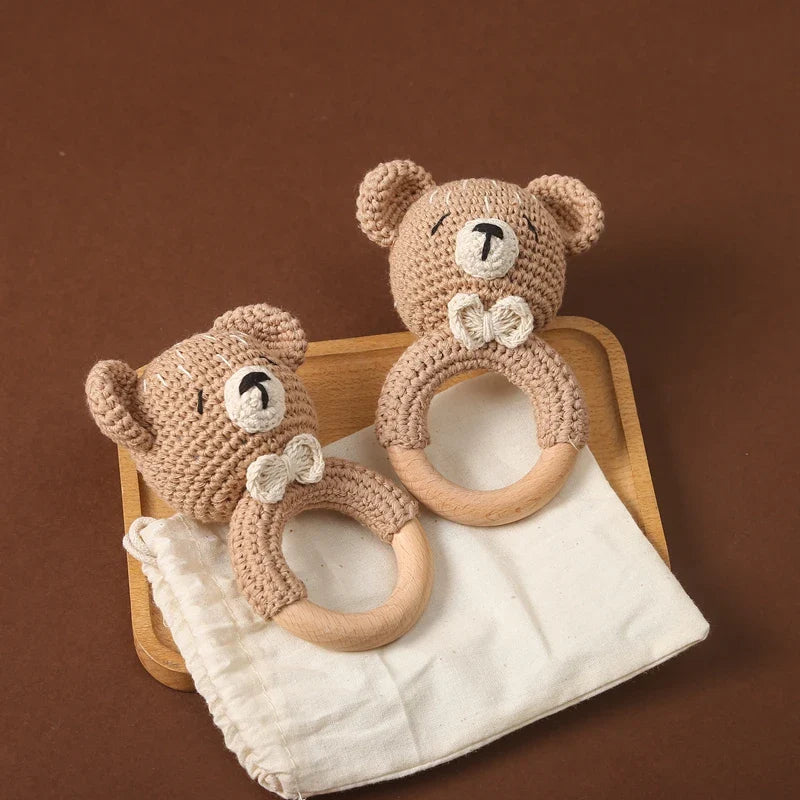 Crochet Bear Teether Rattle Ring Newborn Sensory Toys - Tophatter Daily Deals