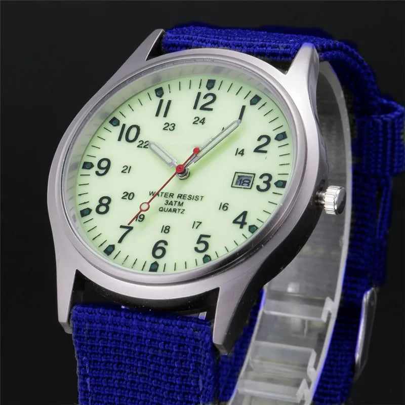Quartz Field Watch Nylon Strap Military Style Date Luminous Blue fluorescent - Tophatter Daily Deals