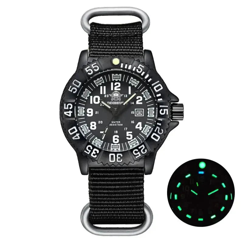 Military Watch Green Nylon Strap 50m Waterproof Luminous Nylon black - Tophatter Daily Deals