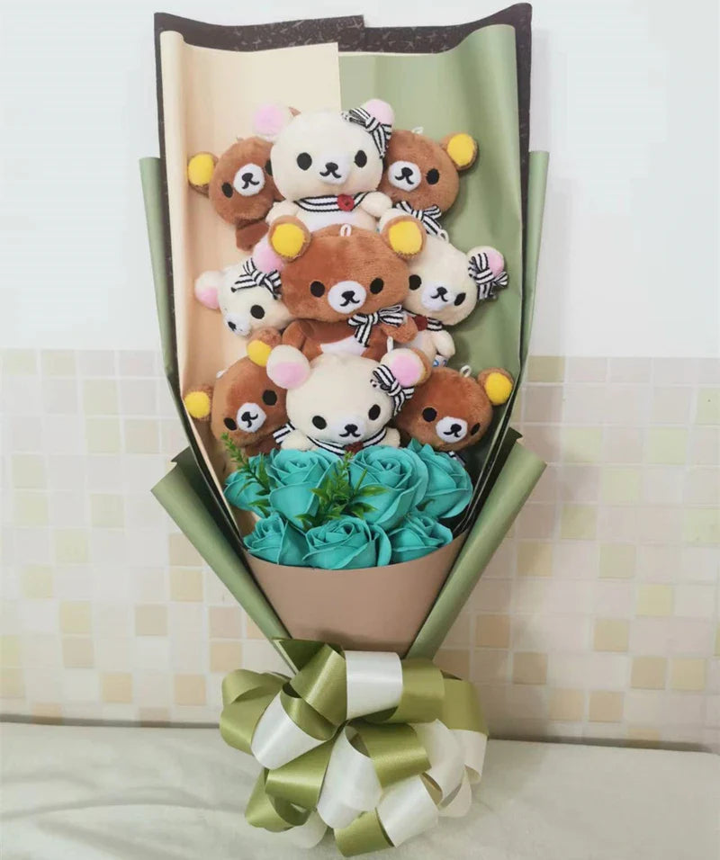 San-X Rilakkuma Korilakkuma Teddy Bear Plush Toy Flower Bouquet Gift Box San-x Rilakkuma & Korilakkuma - Green Flowers - Tophatter Daily Deals