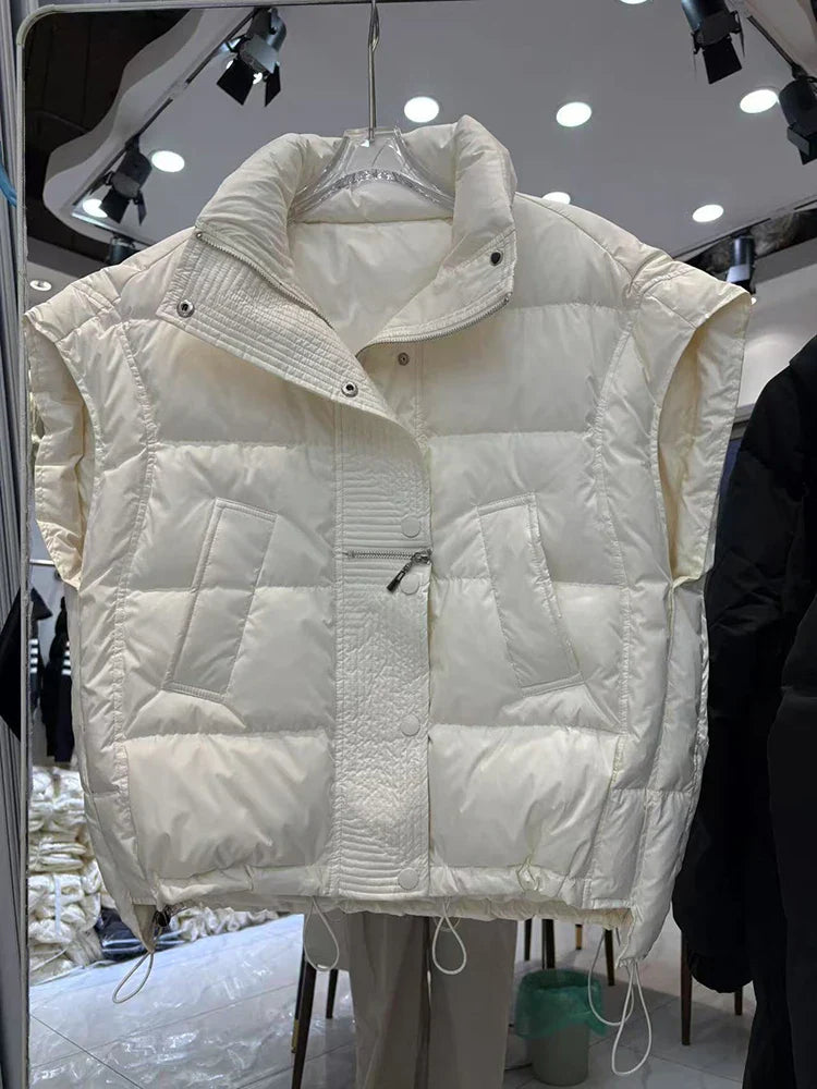 Insulating Women’s Down Vest - Cropped, Duck, Winter Beige - Tophatter Daily Deals
