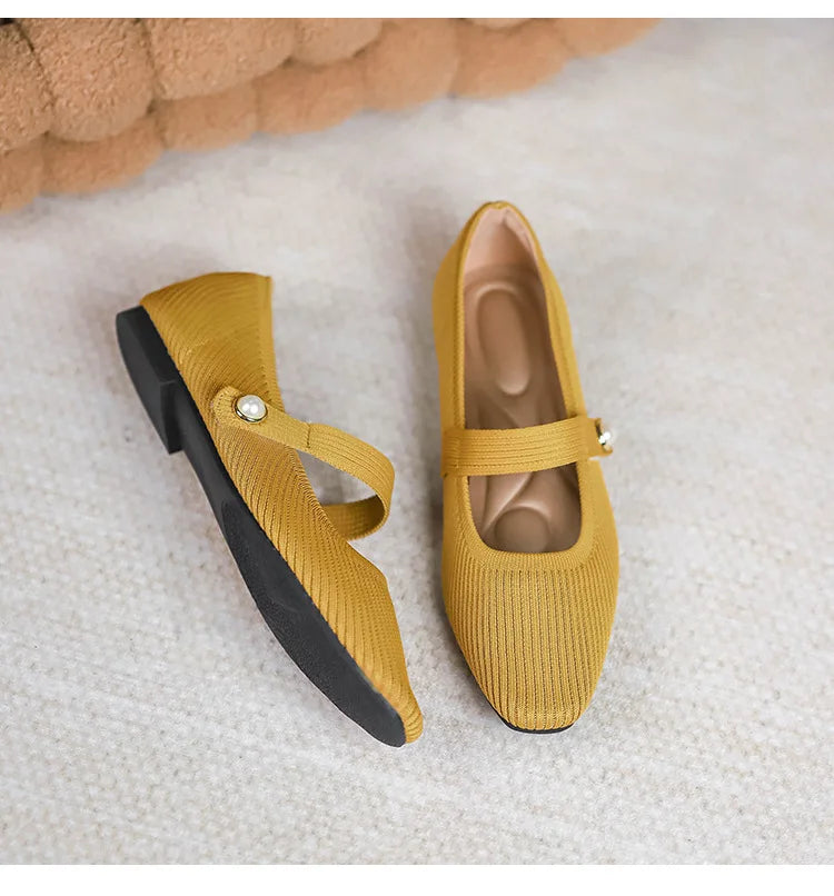 Stretchy Women Mary Jane Flats - Ribbed Knit For Spring Yellow - Tophatter Daily Deals