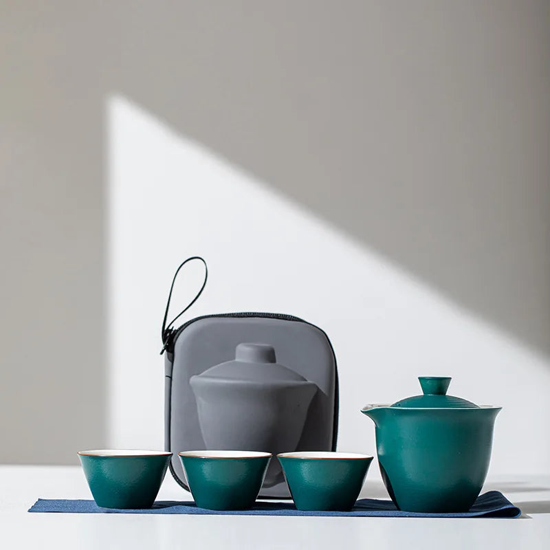 Portable Ceramic Travel Tea Set With Case Gift Kit Green - Tophatter Daily Deals