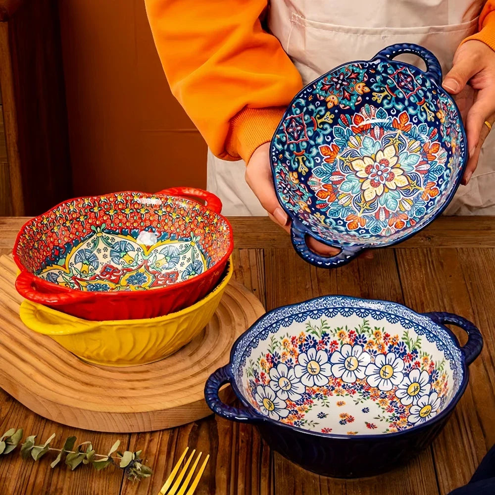 Ceramic Soup Bowl Bohemian Handle Embossed Microwave - Tophatter Daily Deals
