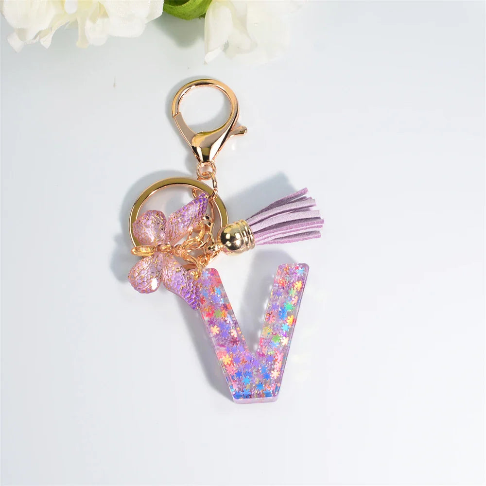 Sequin Letter Keychain With Butterfly Tassel Charm V 55mm - Tophatter Daily Deals
