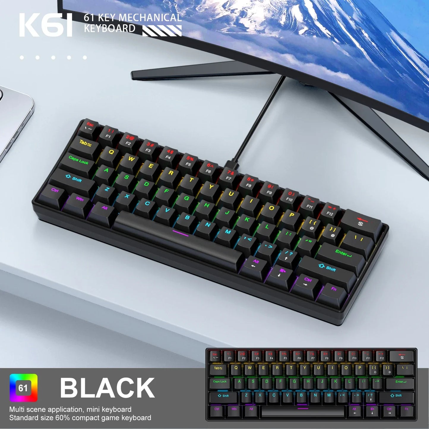 60 Percent Mechanical Mini Keyboard Wired RGB Portable Black - Tophatter Daily Deals