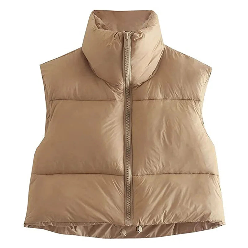 Warm Women’s Puffer Vest - Cropped Boxy, Polyester, Winter Brown - Tophatter Daily Deals