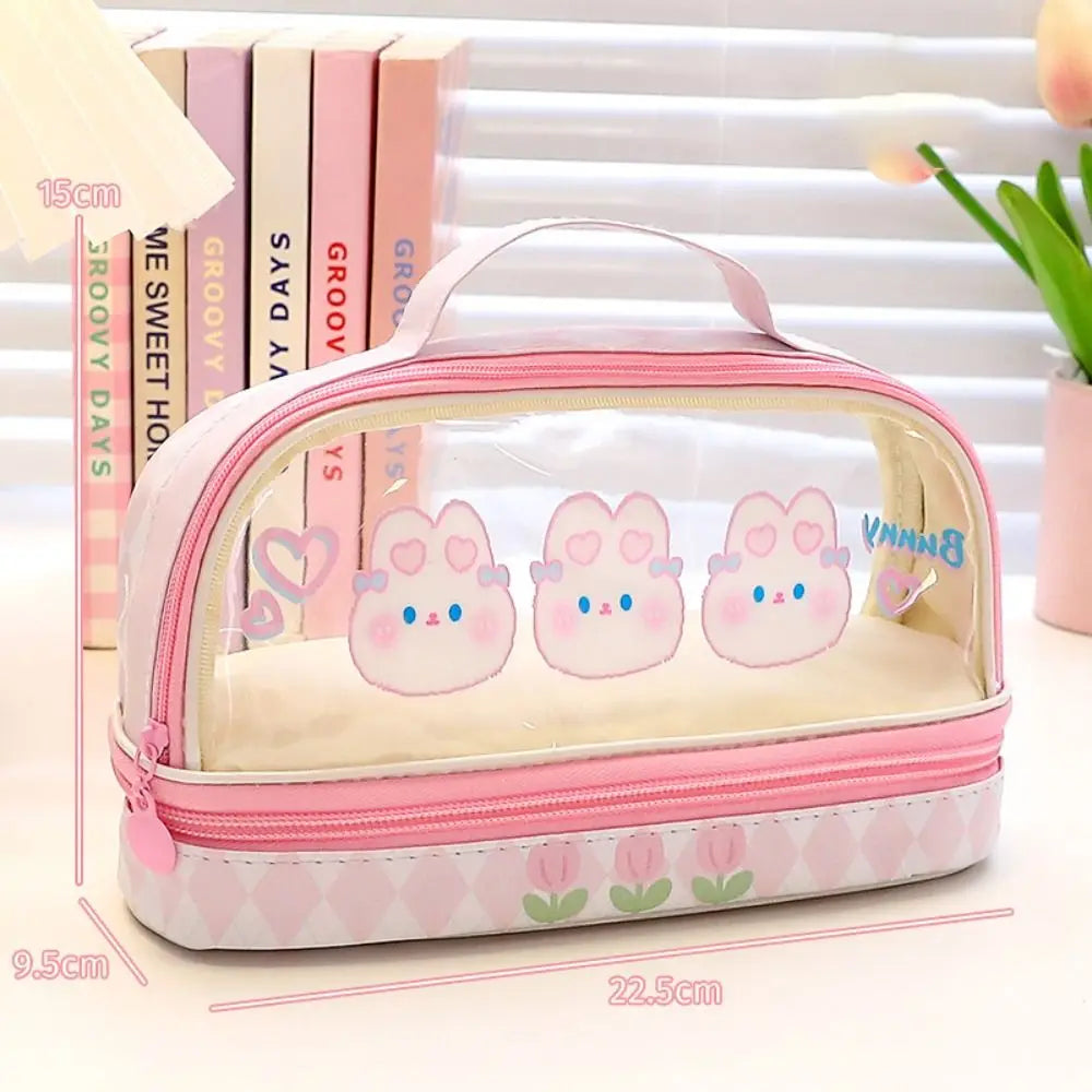 Kawaii Double Layer Pencil Case Large Transparent Stationery Pink Bunnies Animals - Tophatter Daily Deals