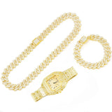 3pcs Men's Watch Set Square Watch Cuban Chain Bracelet (Gold) Apparel & Accessories > Jewelry > Jewelry Sets - Tophatter Daily Deals