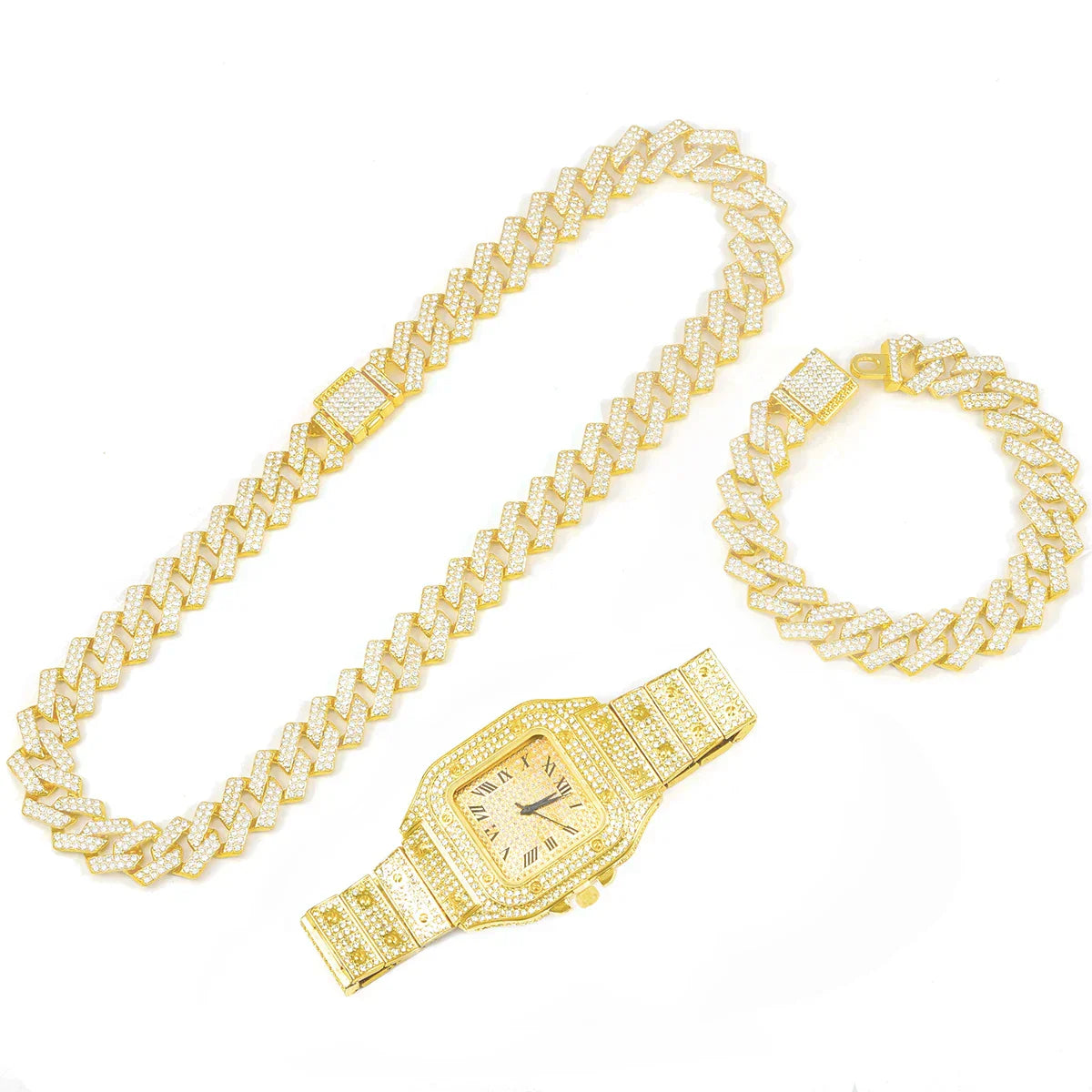 3pcs Men's Watch Set Square Watch Cuban Chain Bracelet (Gold) Apparel & Accessories > Jewelry > Jewelry Sets - Tophatter Daily Deals
