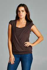 Women's Short Sleeve Square Neck Wrap Top Brown Tops - Tophatter Daily Deals