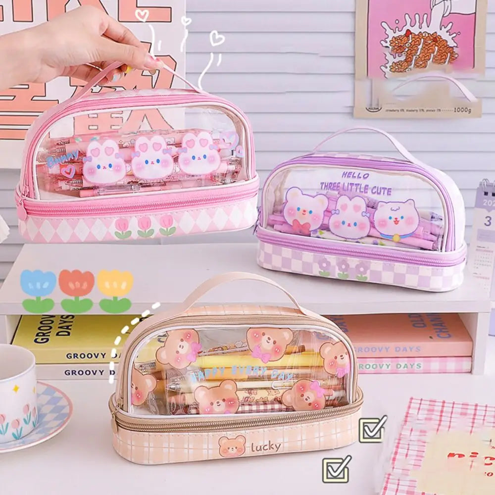 Kawaii Double Layer Pencil Case Large Transparent Stationery Animals - Tophatter Daily Deals