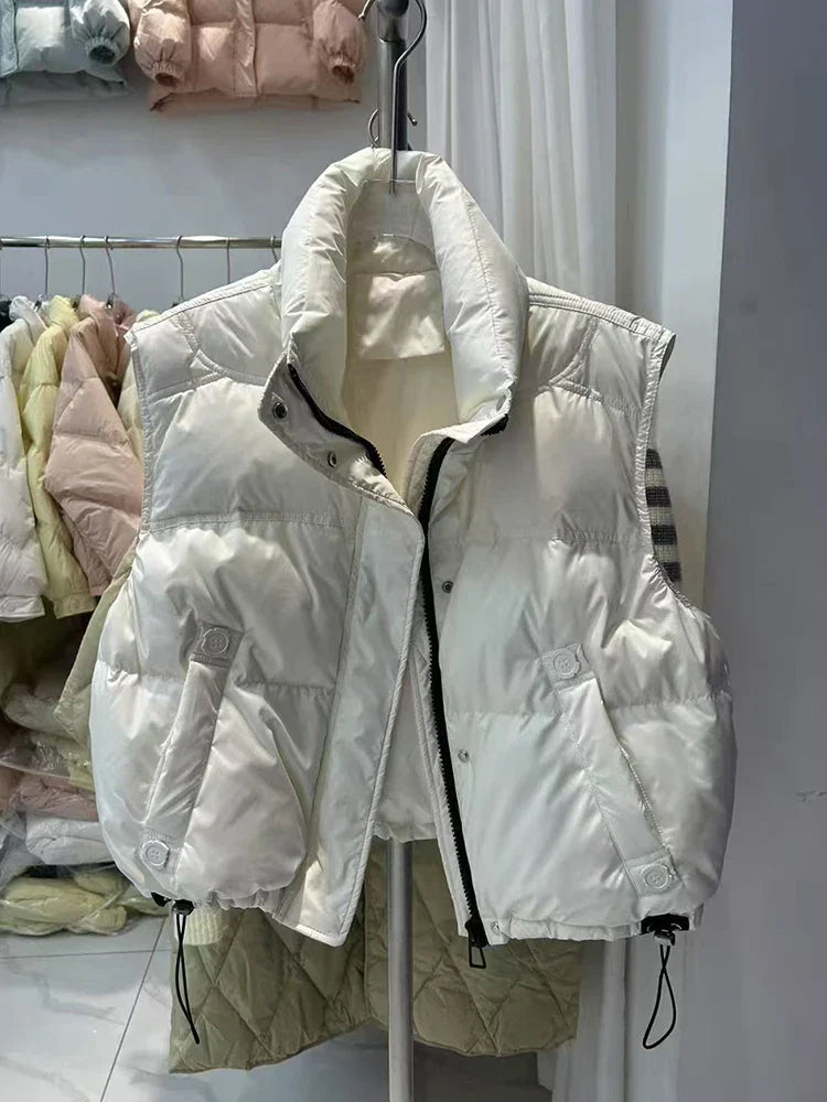 Warm Women’s Down Vest - Stand Collar, Duck Down, Winter White - Tophatter Daily Deals