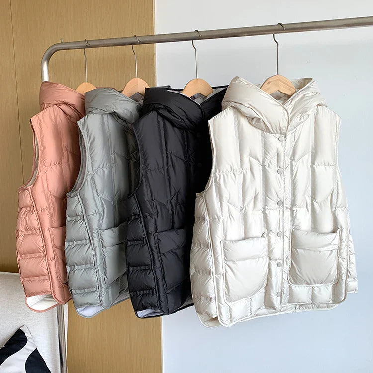 Lightweight Women Hooded Down Vest - Boxy, Down, Autumn - Tophatter Daily Deals
