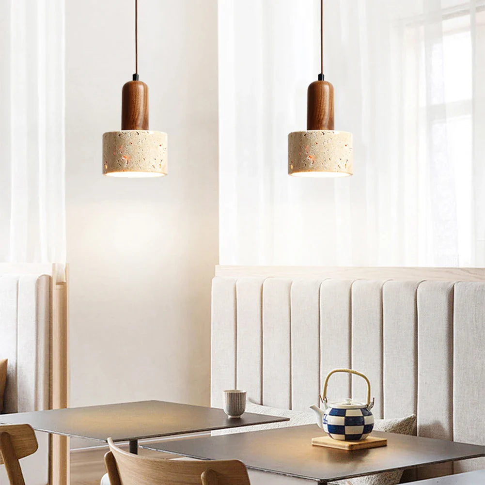 Japandi Japanese Pendant Light Wood And Travertine Bedside Lamp - Tophatter Daily Deals