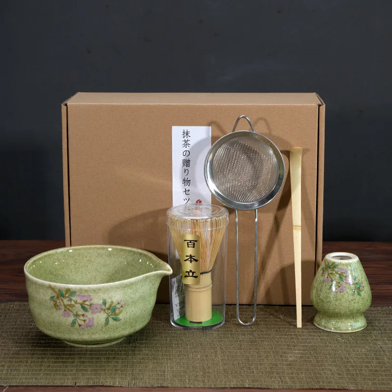 Matcha Tea Set Porcelain Bowl Bamboo Whisk Traditional Box Green - 5pc - Tophatter Daily Deals
