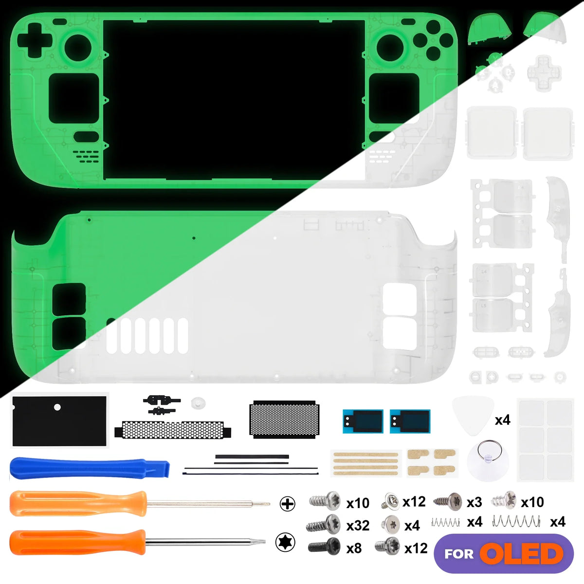Steam Deck OLED Replacement Housing Kit Clear Shell Glow in Dark - Green - Tophatter Daily Deals