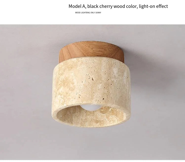Japandi Travertine Ceiling Light Wood Cap Round Mid Century Lamp - Tophatter Daily Deals