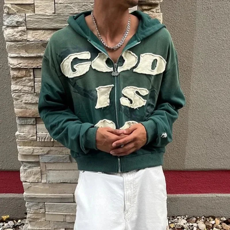 Oversized Unisex Zip-Up Hoodie - Boxy Cut, Knit, Street Green - Tophatter Daily Deals
