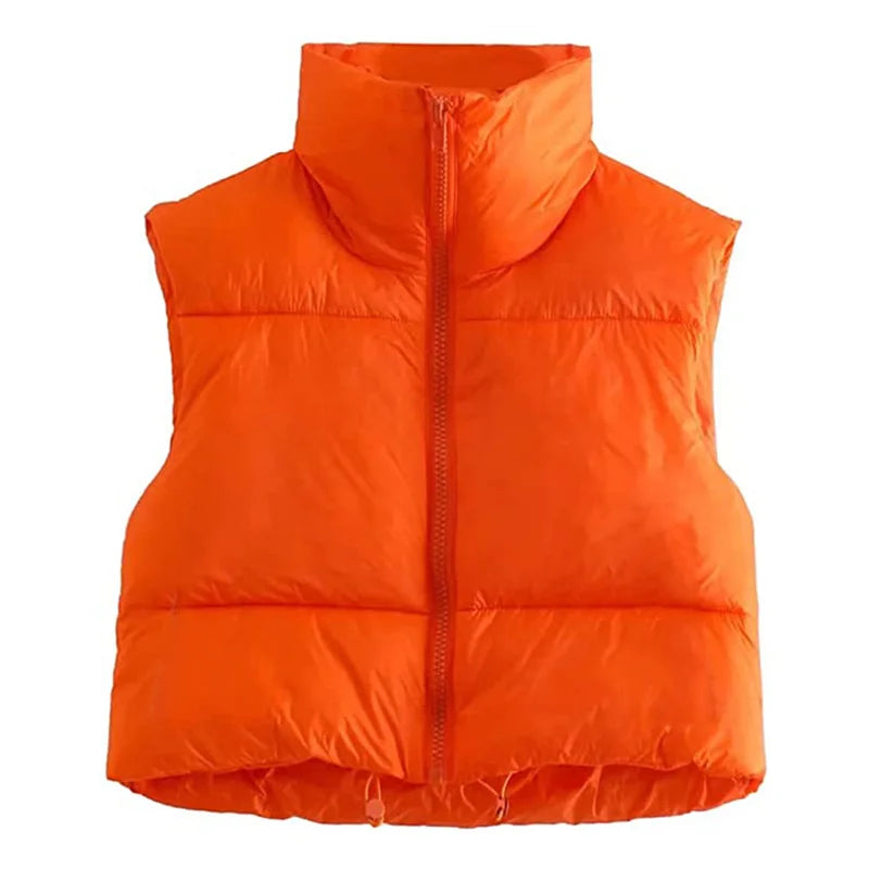 Warm Women’s Puffer Vest - Cropped Boxy, Polyester, Winter Orange - Tophatter Daily Deals