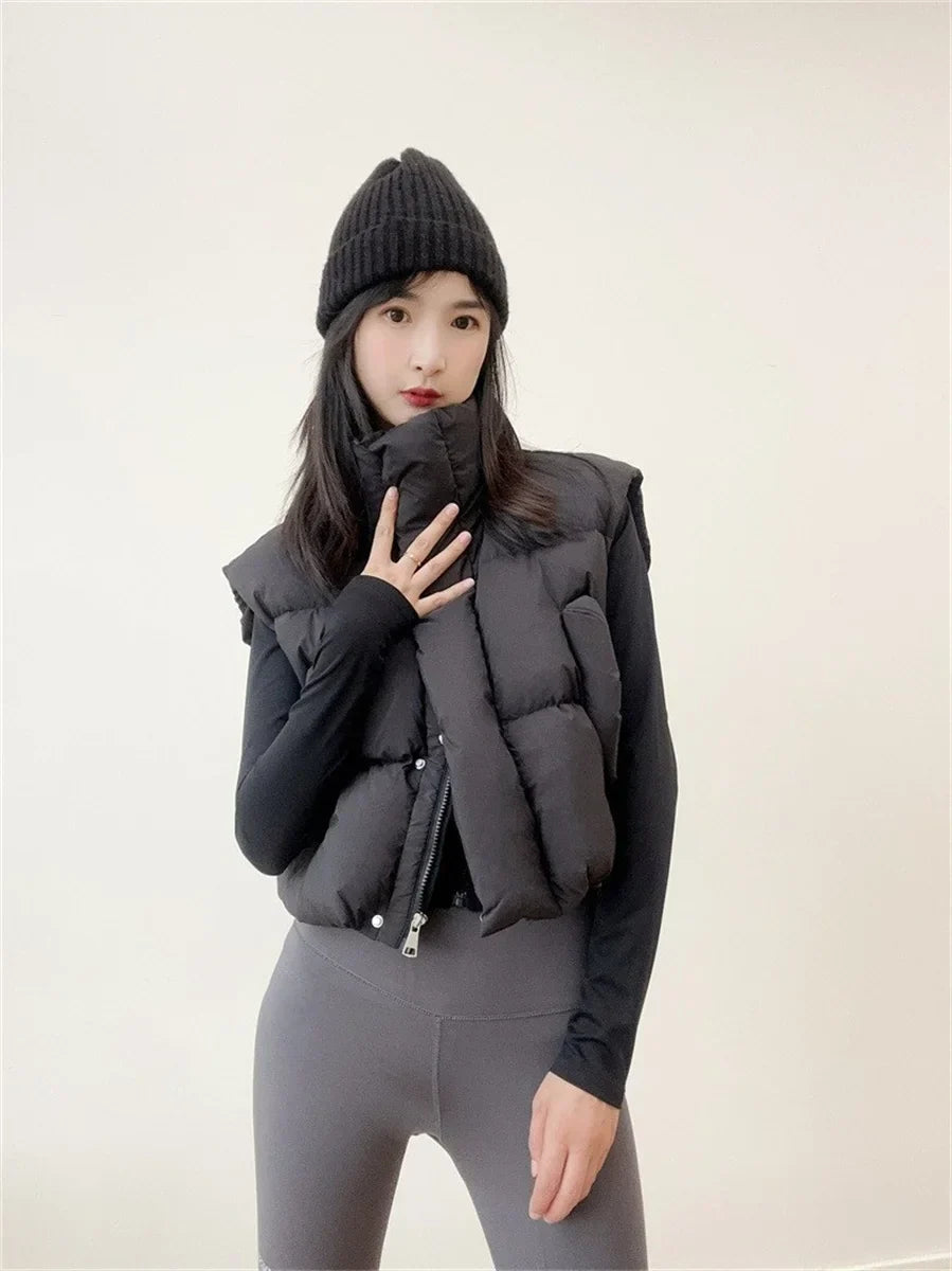 Warm Women Short Down Vest - Stand-Up Collar, Winter Black - Tophatter Daily Deals