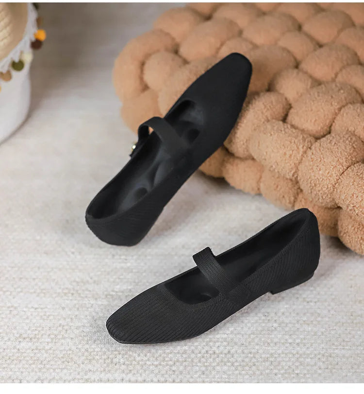 Stretchy Women Mary Jane Flats - Ribbed Knit For Spring Black - Tophatter Daily Deals