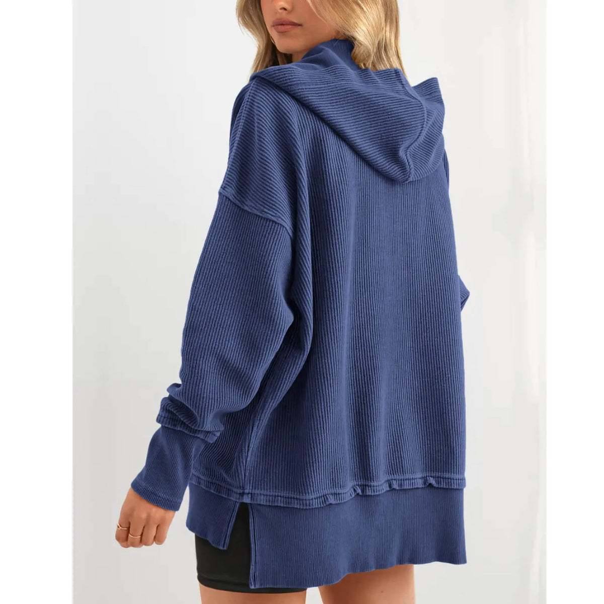 Oversized Women Pullover Hoodie - Snap V-Neck, Ribbed - Tophatter Daily Deals