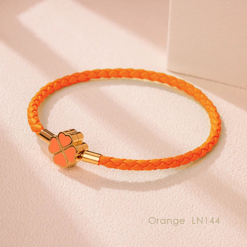 Four Leaf Clover Braided Leather Lucky Bracelet Gift Orange CHINA - Tophatter Daily Deals