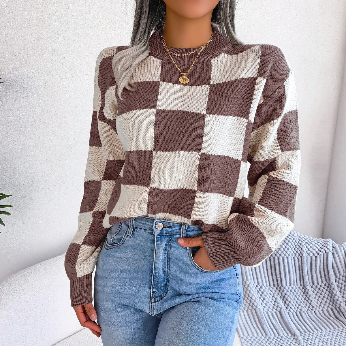 Oversized Cozy Women's Knit Sweater - Checkered, Soft Coffee - Tophatter Daily Deals