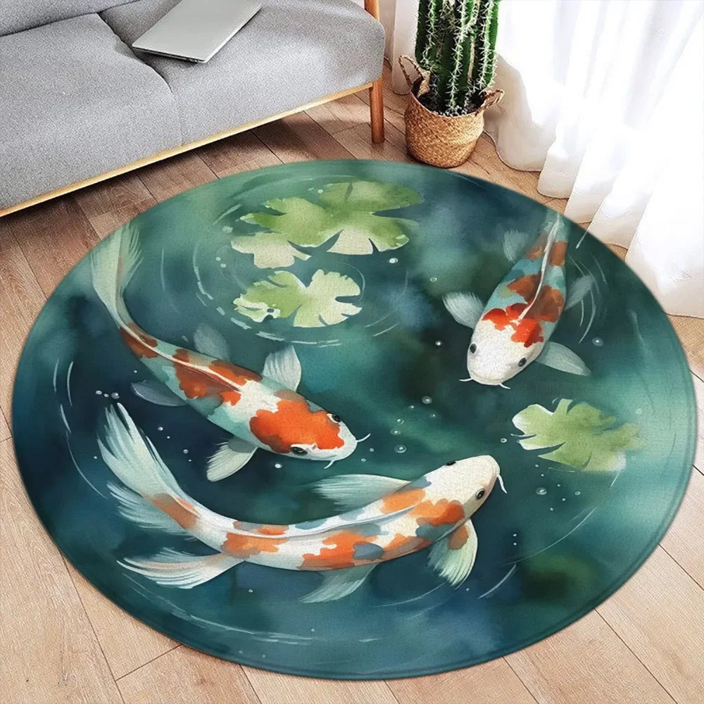 Koi Fish Round Rug Japanese Water Ink Floor Decor Serene DD- 7252AH - Tophatter Daily Deals