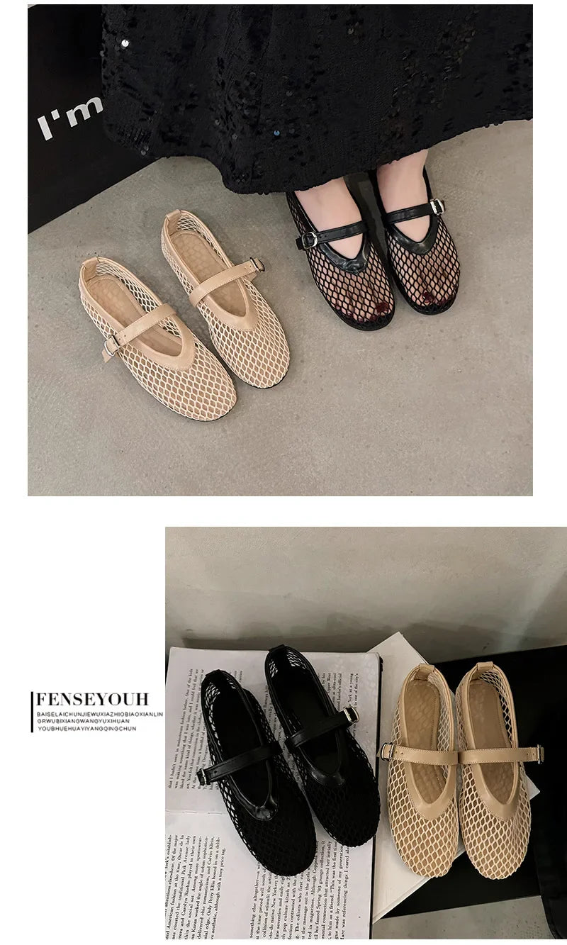 Breathable Women Mesh Ballet Flats - Strappy Round Toe - Tophatter Daily Deals