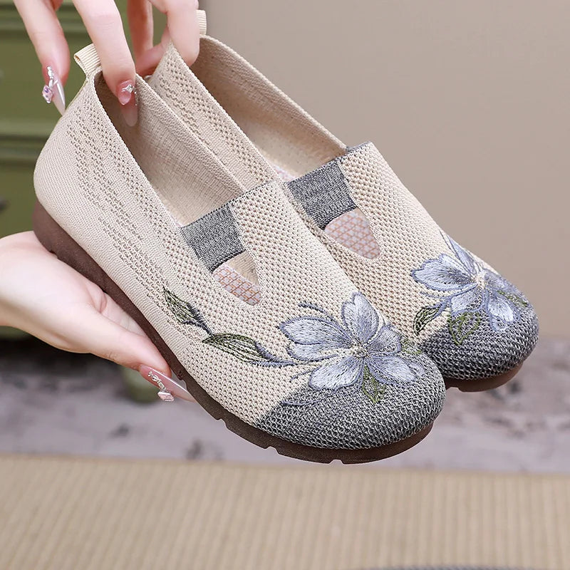 Breathable Women’s Flats - Slip-On Mesh, Embroidered Gray - Tophatter Daily Deals