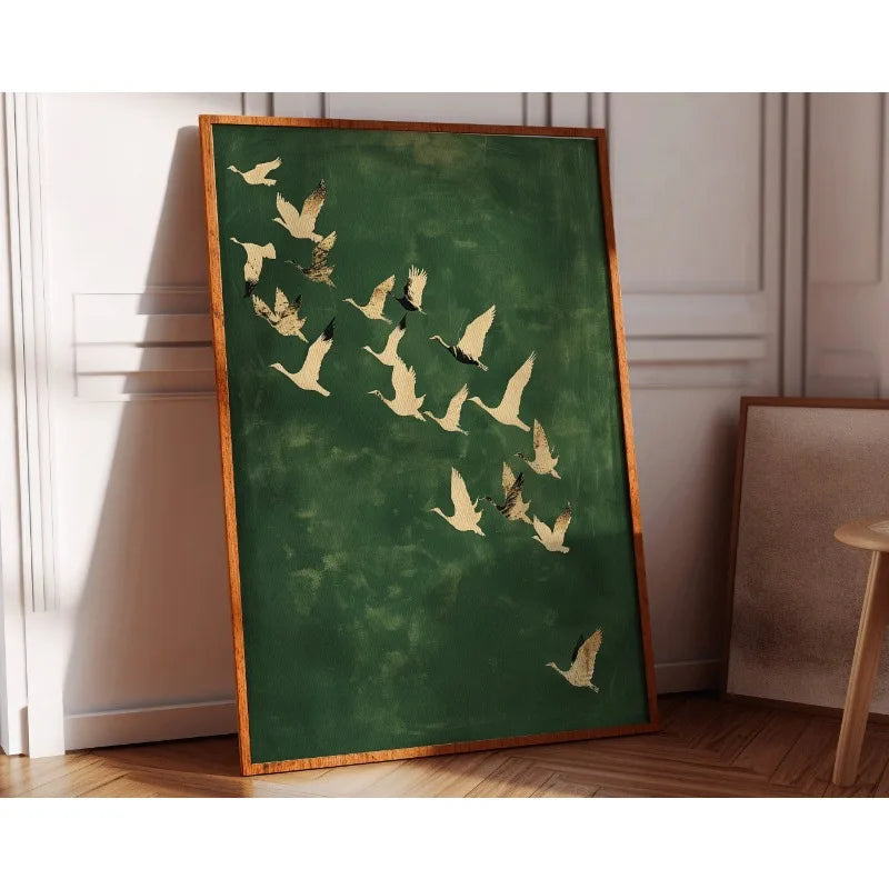 Cranes Wall Art Emerald Green Canvas With Gold Accents - Tophatter Daily Deals