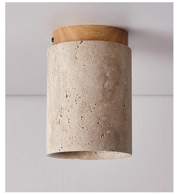 Japandi Travertine Ceiling Light Wood Cap Round Mid Century Lamp - Tophatter Daily Deals