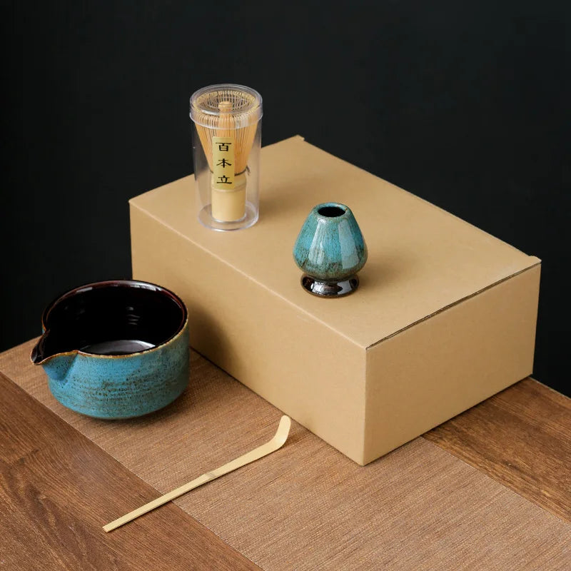 Matcha Tea Set Handmade Pottery Bowl Bamboo Whisk Kit 4pcs blue paper box - Tophatter Daily Deals