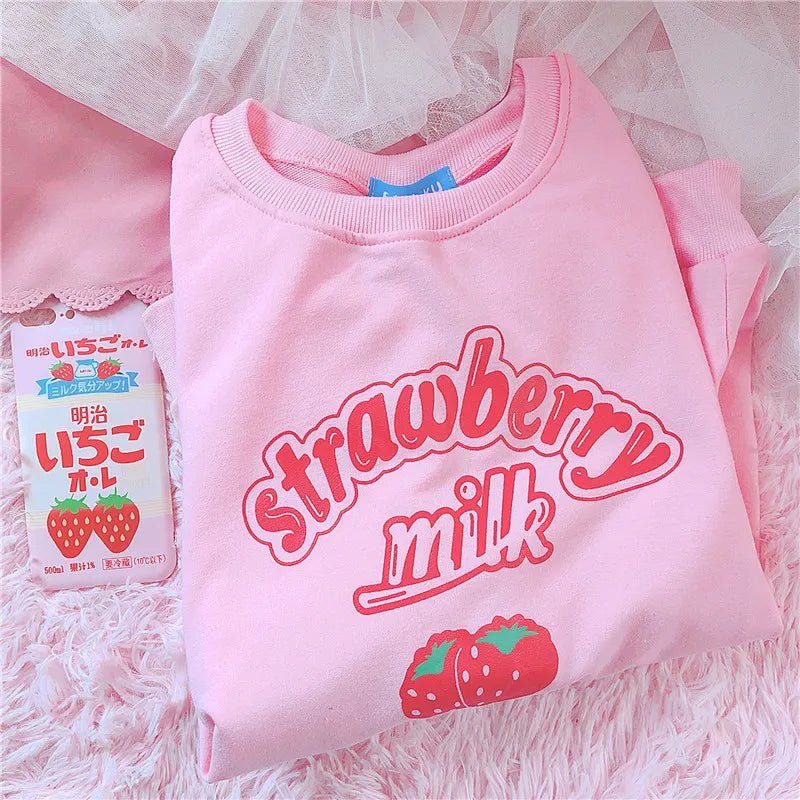 Harajuku Strawberry Milk Pink Sweatshirt Top Long-Sleeved Food - Tophatter Daily Deals