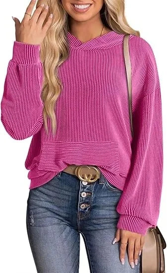 Lightweight Relaxed Womens Hoodie - Ribbed Knit, Casual Pink Red - Tophatter Daily Deals