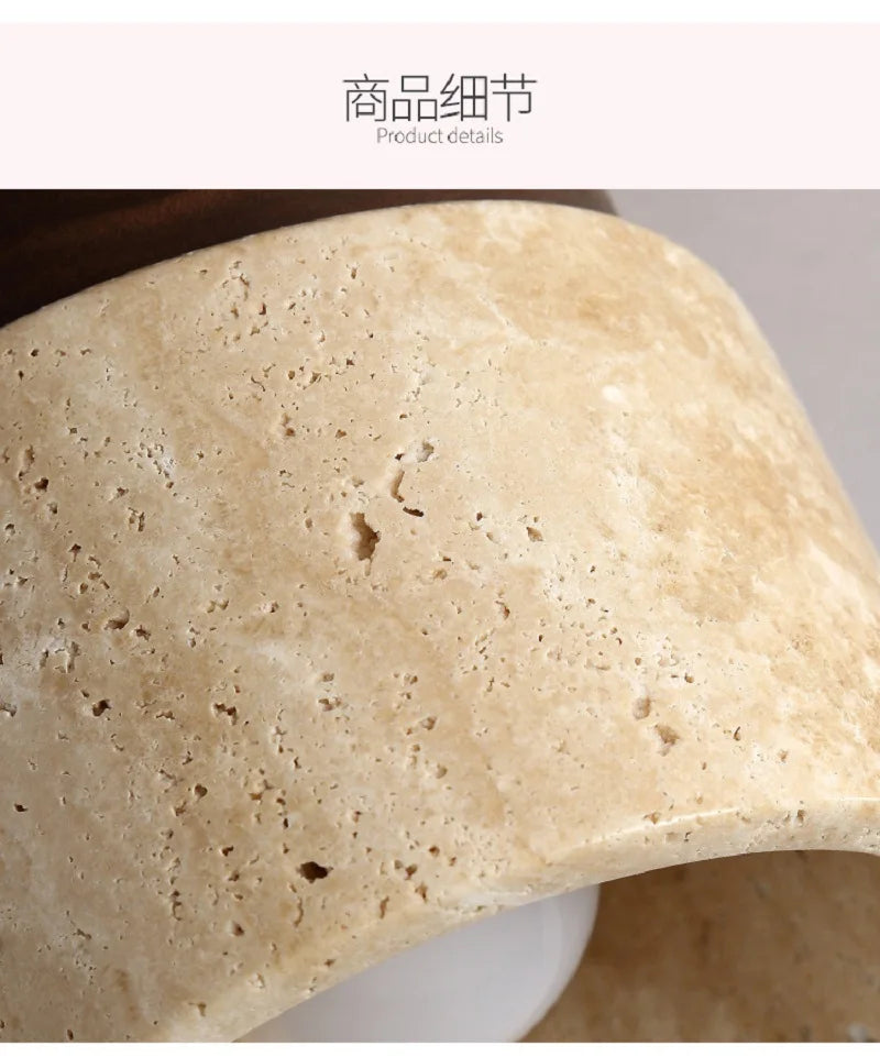 Japandi Travertine Ceiling Light Wood Cap Round Mid Century Lamp - Tophatter Daily Deals