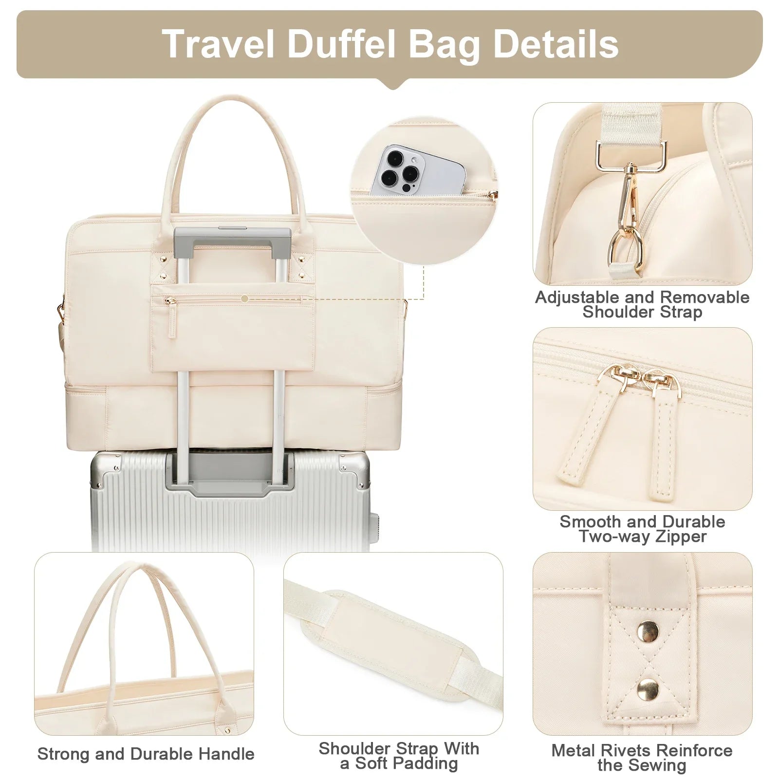 Luggage Travel Bag with Clothes and Toiletry Bag (Beige) Luggage & Bags > Duffel Bags - Tophatter Daily Deals