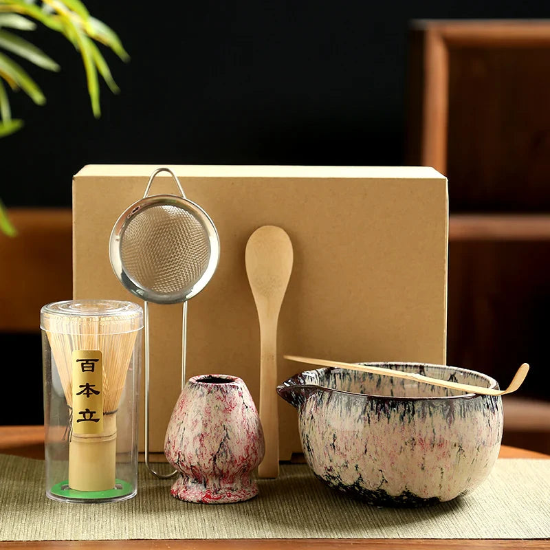 Matcha Tea Set Ceramic Bowls With Bamboo Whisk 6 Piece Pink 6pcs - Tophatter Daily Deals