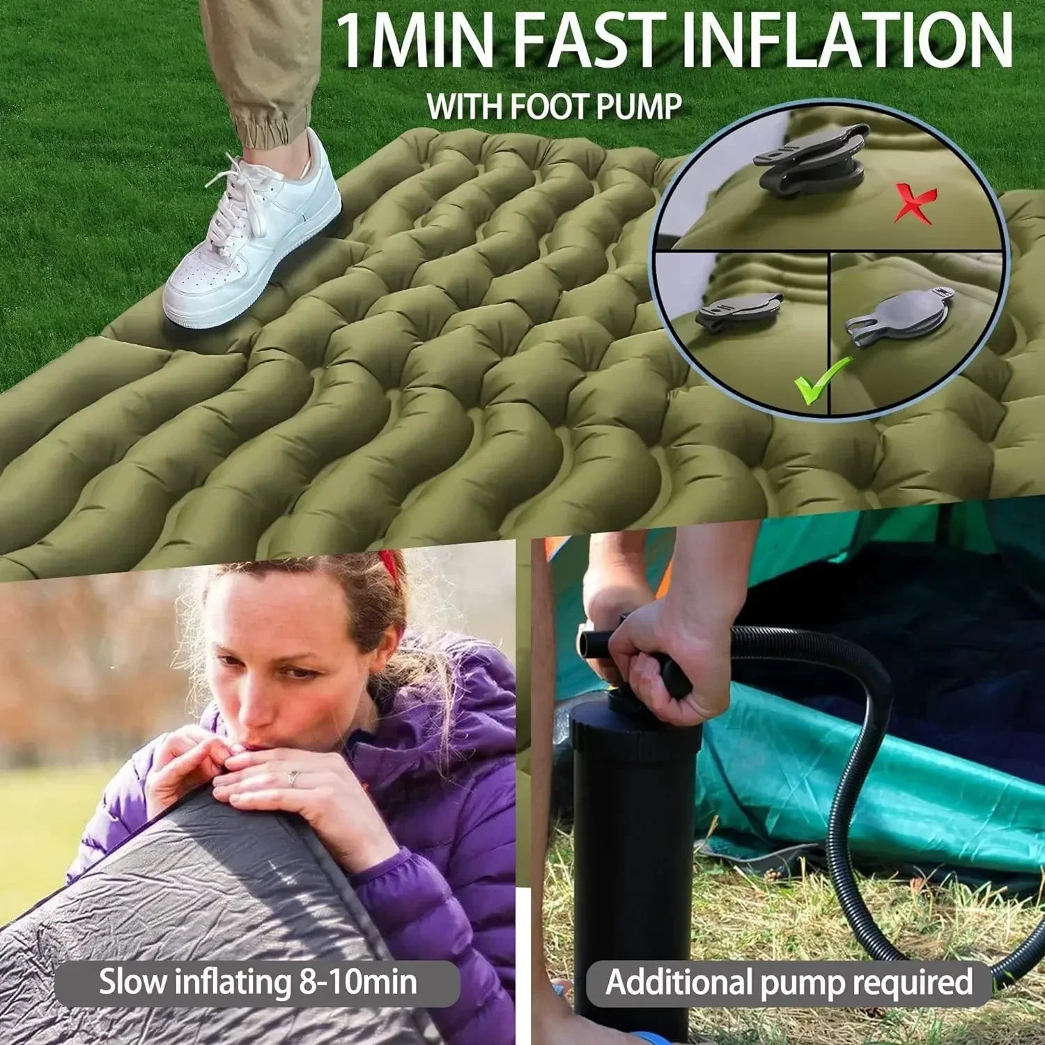 Double Self-Inflating Sleeping Pad Pillows Green Camping & Hiking - Tophatter Daily Deals