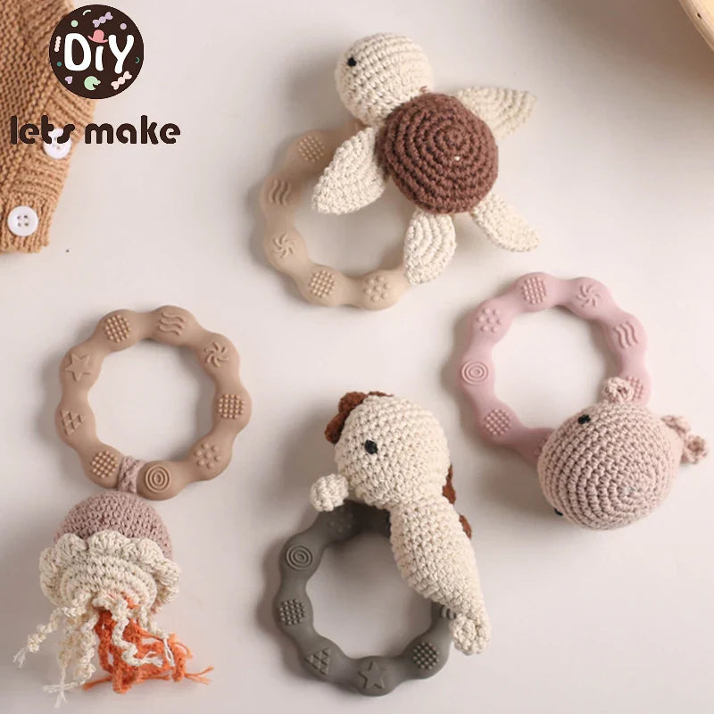 Crochet Bear Teether Rattle Ring Newborn Sensory Toys - Tophatter Daily Deals