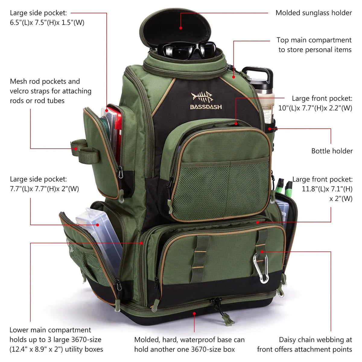 NNEOBATackle Backpack with Rain Cover Rod Holders Army Green Backpacks - Tophatter Daily Deals
