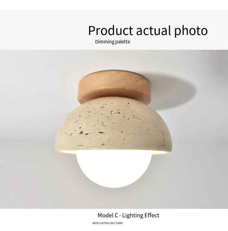 Japandi Travertine Ceiling Light Wood Cap Round Mid Century Lamp - Tophatter Daily Deals
