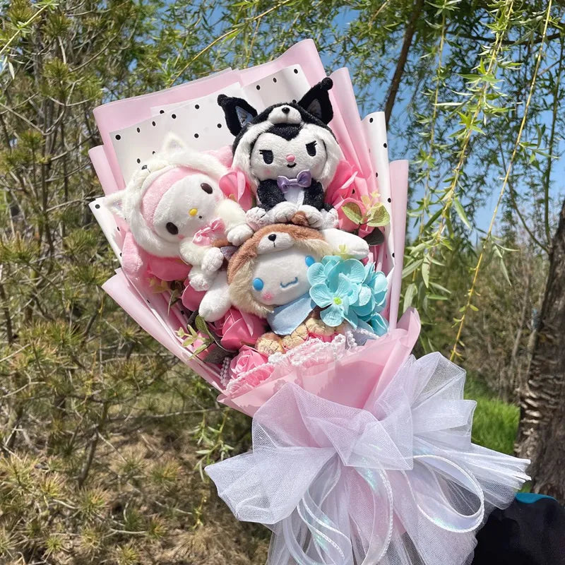 Sanrio Friends Mixed Plush Bouquet My Melody Kuromi Cinnamoroll Hello Kitty Sanrio Friends x Pink Flowers - Tophatter Daily Deals