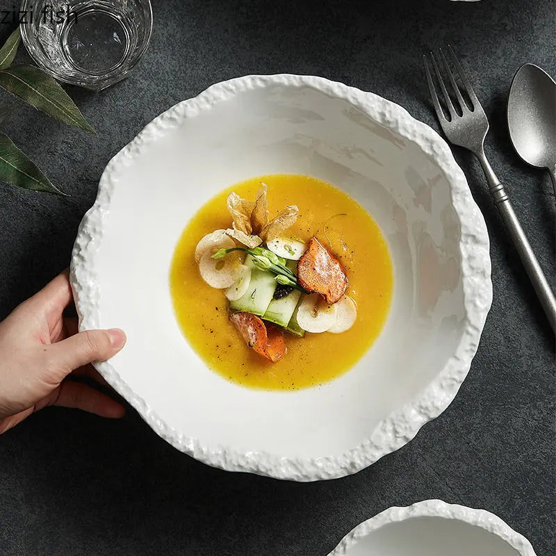 White Porcelain Rock Edge Soup Bowl Modern Tableware - Tophatter Daily Deals