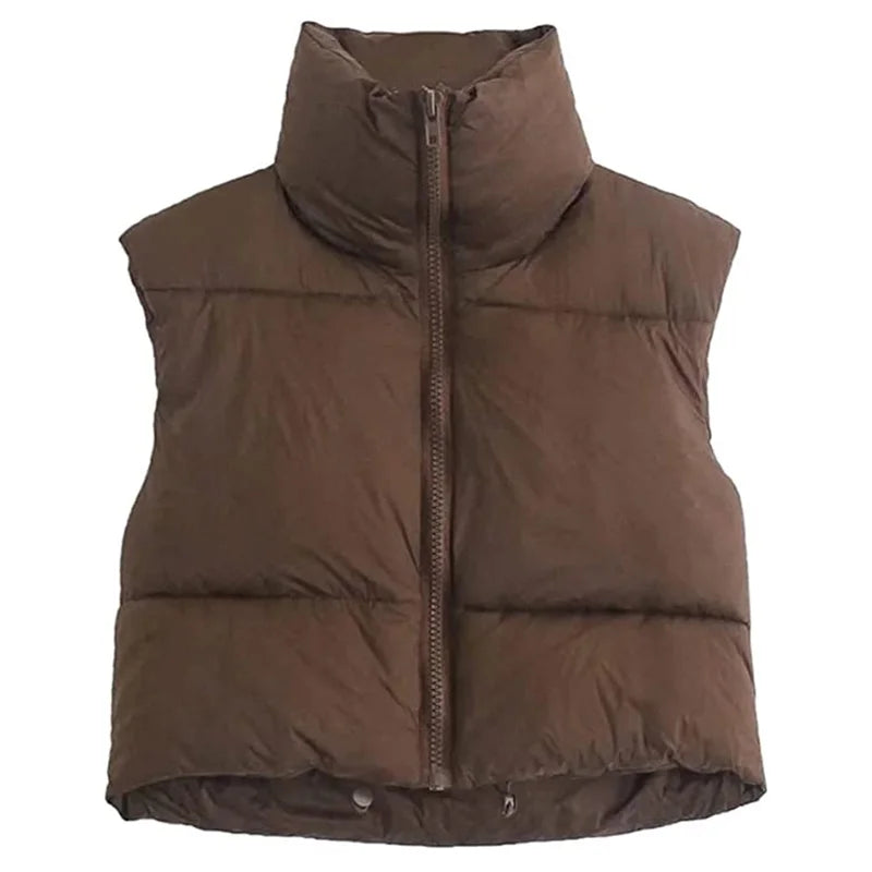 Warm Women’s Puffer Vest - Cropped Boxy, Polyester, Winter Coffee - Tophatter Daily Deals