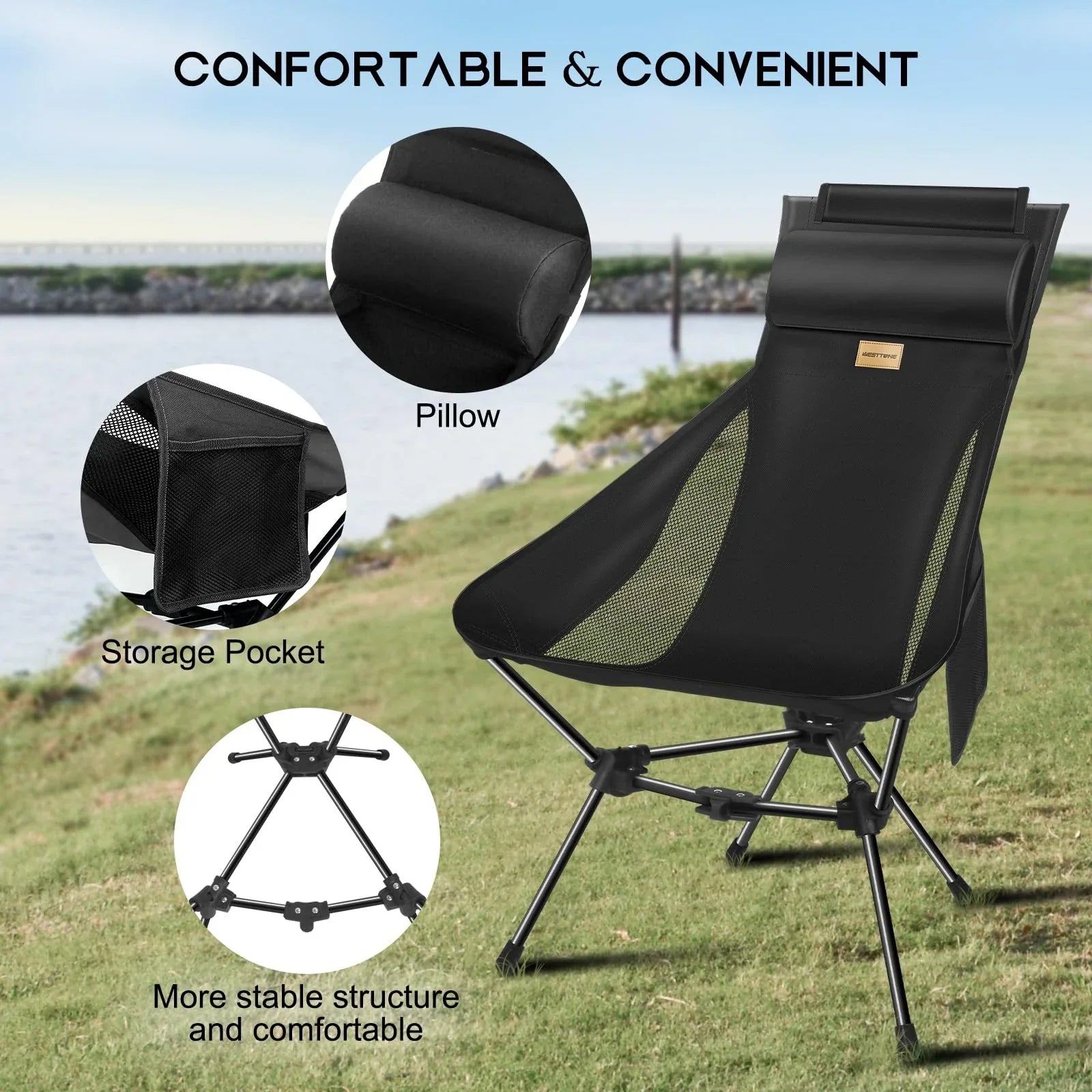 Portable Camping Chair with Headrest Black Camp Furniture - Tophatter Daily Deals