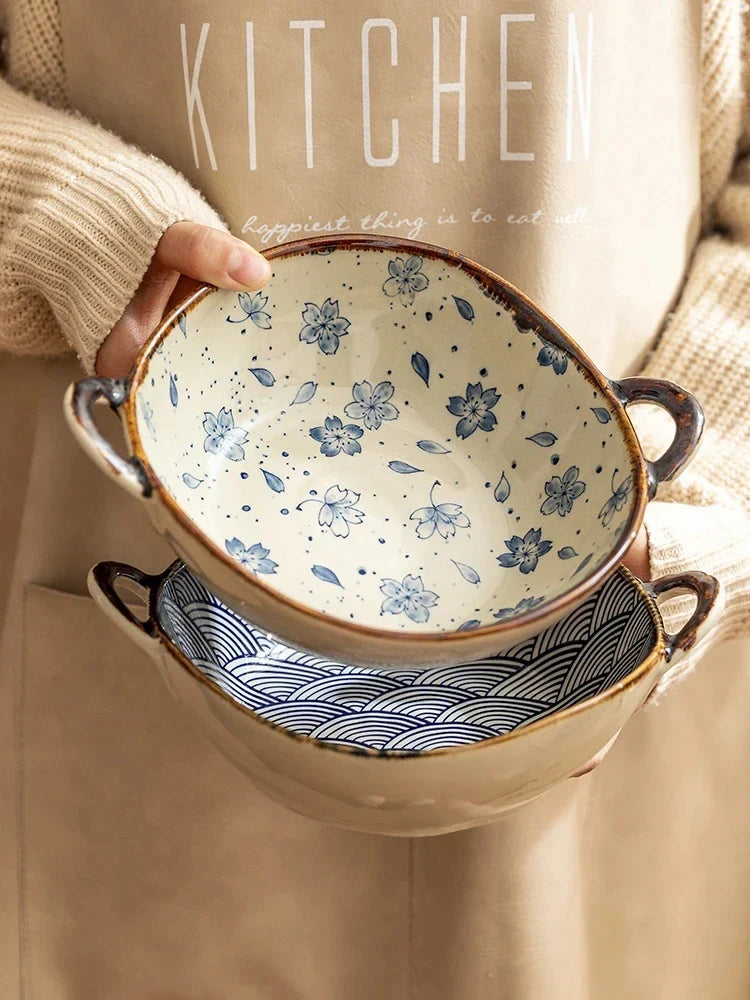 Ceramic Noodle Bowl 7.5 Inch Dual Handle Floral Bowl - Tophatter Daily Deals